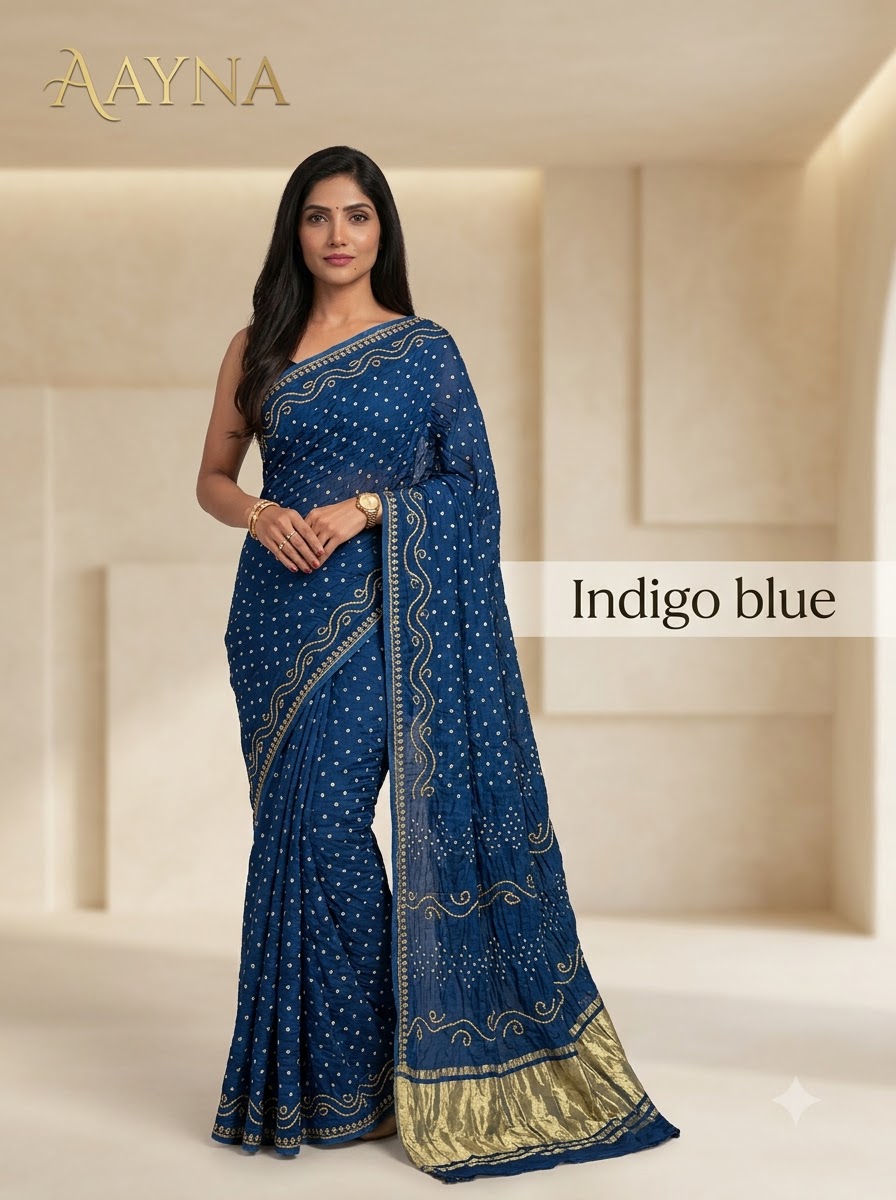 Midnight Indigo Blue Handblock Silk Saree