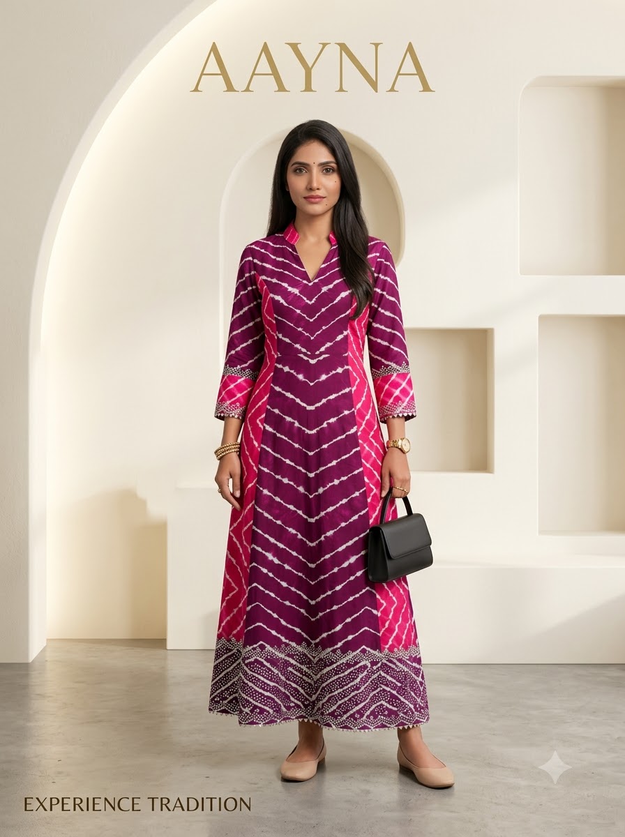 Violet Purple & Rani Pink Colorblock Leheriya Maxi Kurti