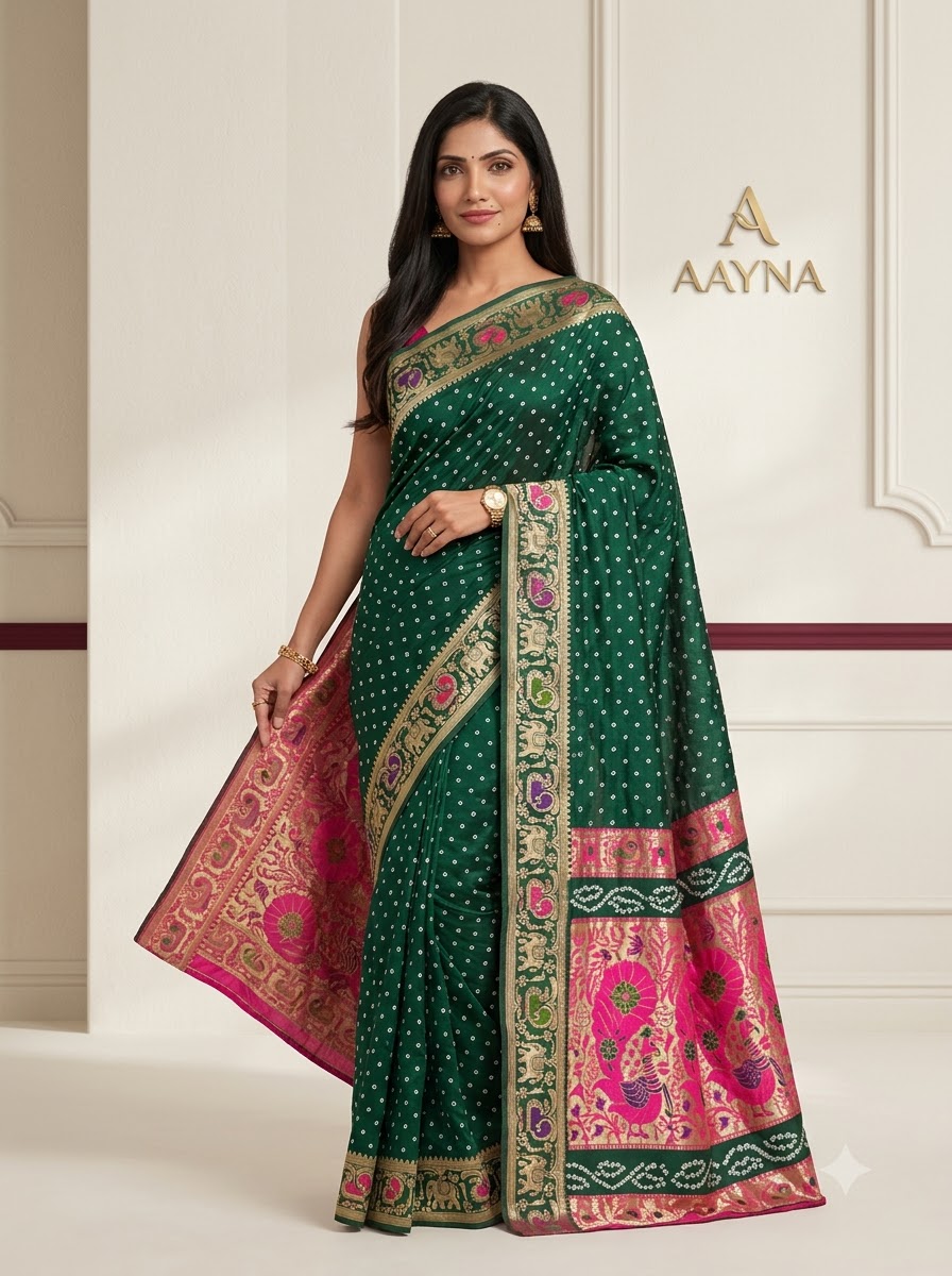 Emerald Green Bandhani Saree with Pink Paithani Border