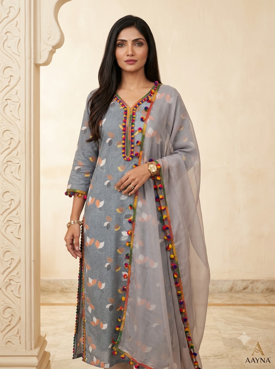 Slate Grey Floral Printed Kurti with Multi-Color Pom-Pom Trim