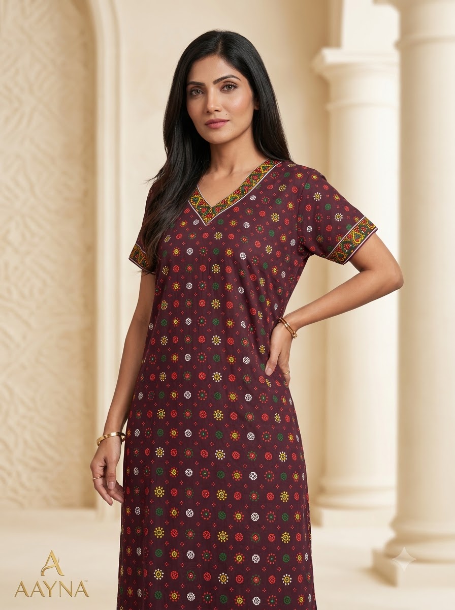 Deep Maroon Ajrakh Printed Loungewear Maxi Kurti