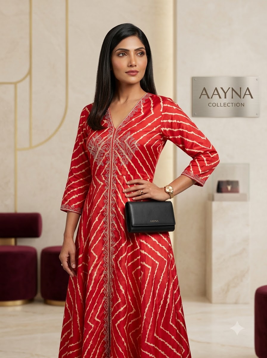 Crimson Red Chevron Leheriya Flared Kurti Gown