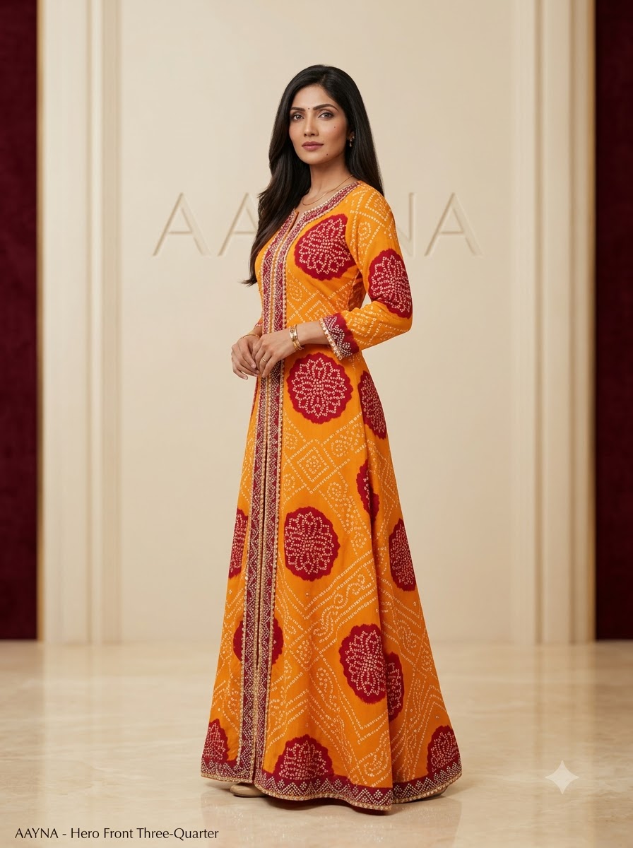 Marigold Orange & Maroon Flared Anarkali Kurti Gown