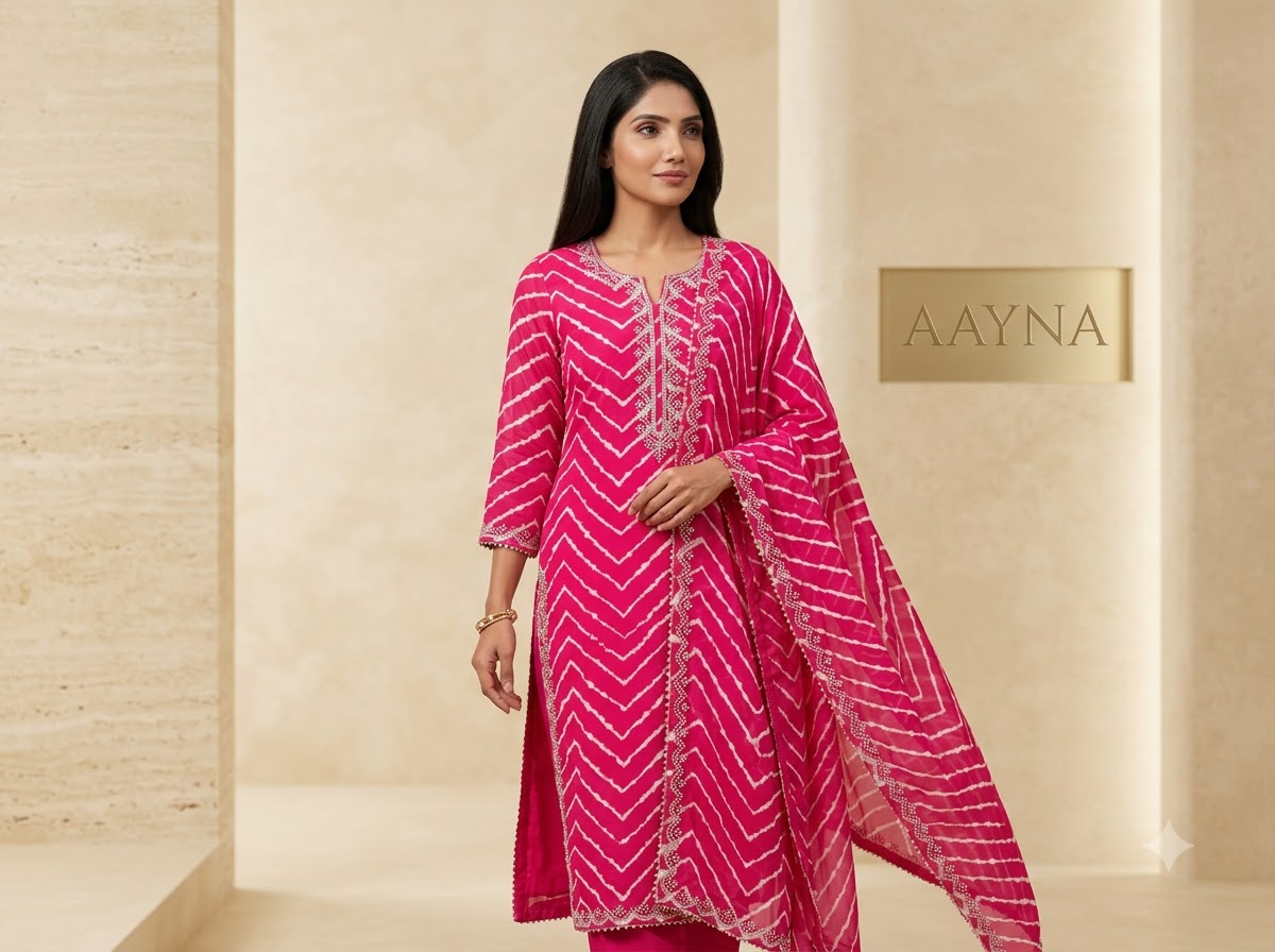Rani Pink Leheriya Straight Kurti & Trouser Set