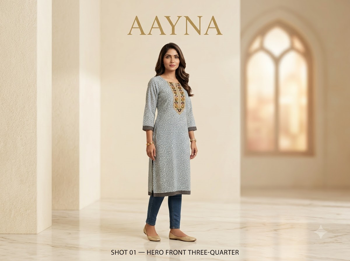 Sage Slate Micro-Print Tunic with Embroidered Yoke