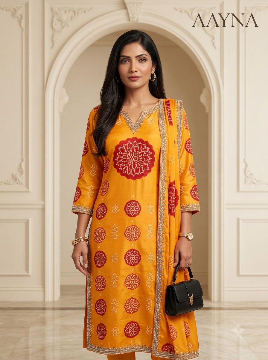 Haldi Yellow & Red Bandhani Straight Kurti Set with Dupatta