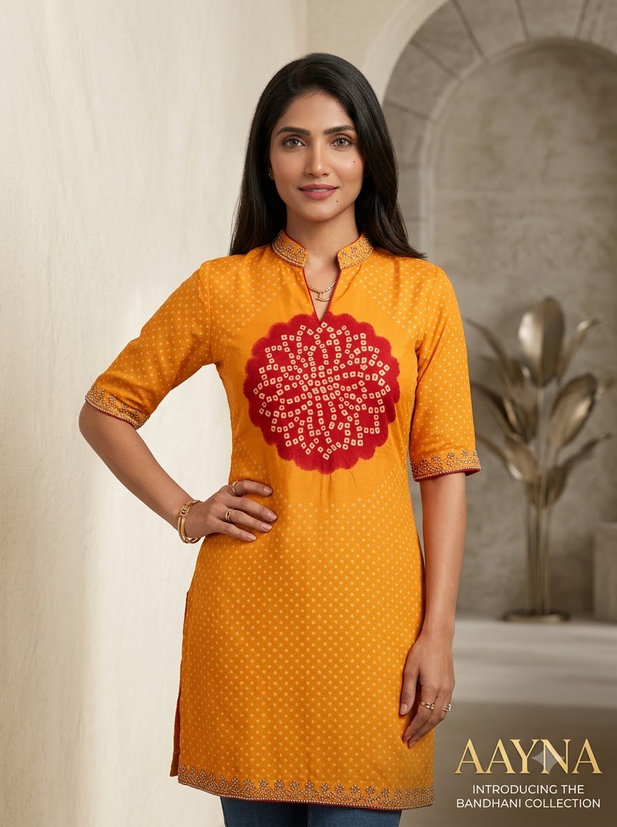Mustard Yellow Mandarin Collar Bandhani Short Tunic