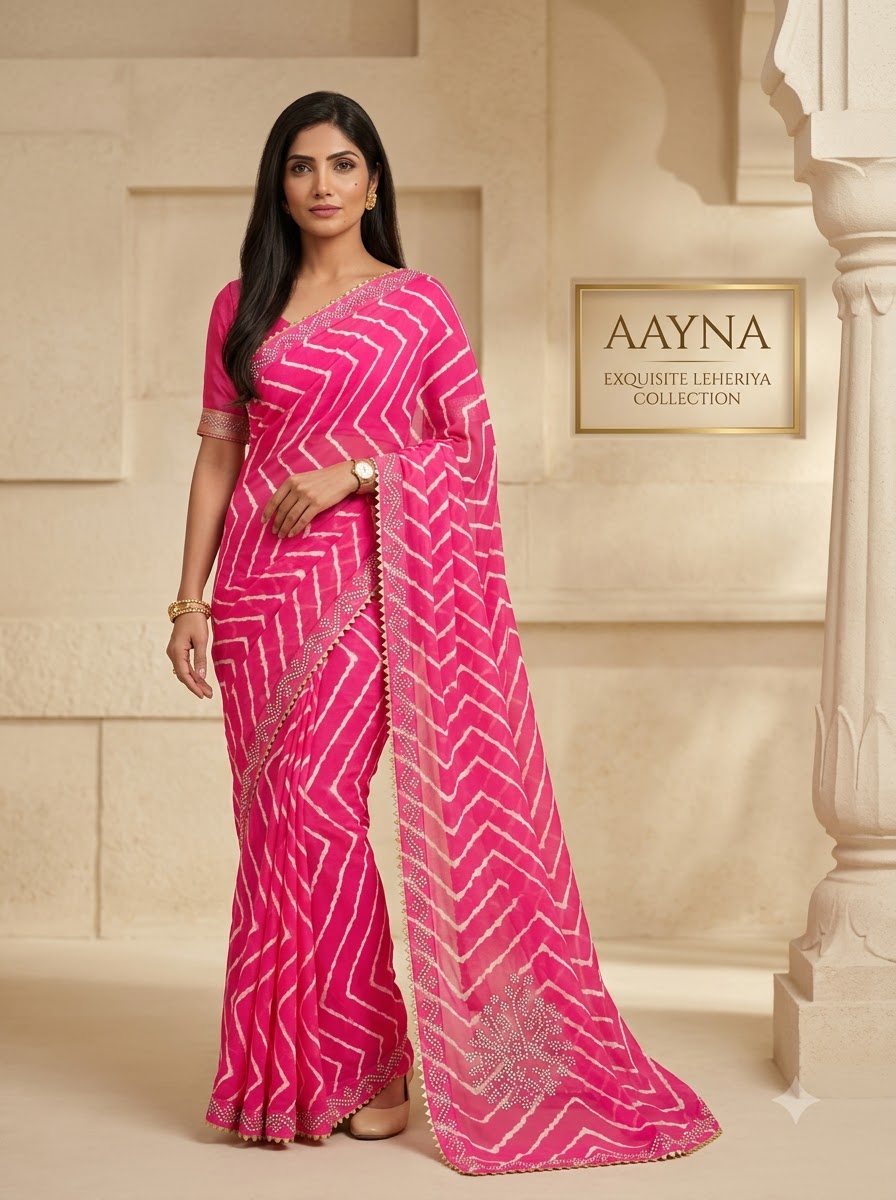 Rose Petal Pink Chevron Bandhej Saree