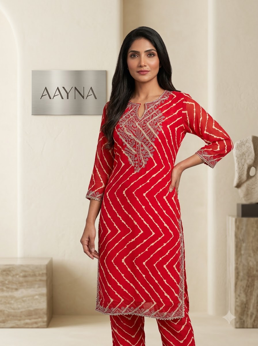 Crimson Red Leheriya Embellished Kurti & Pants Set