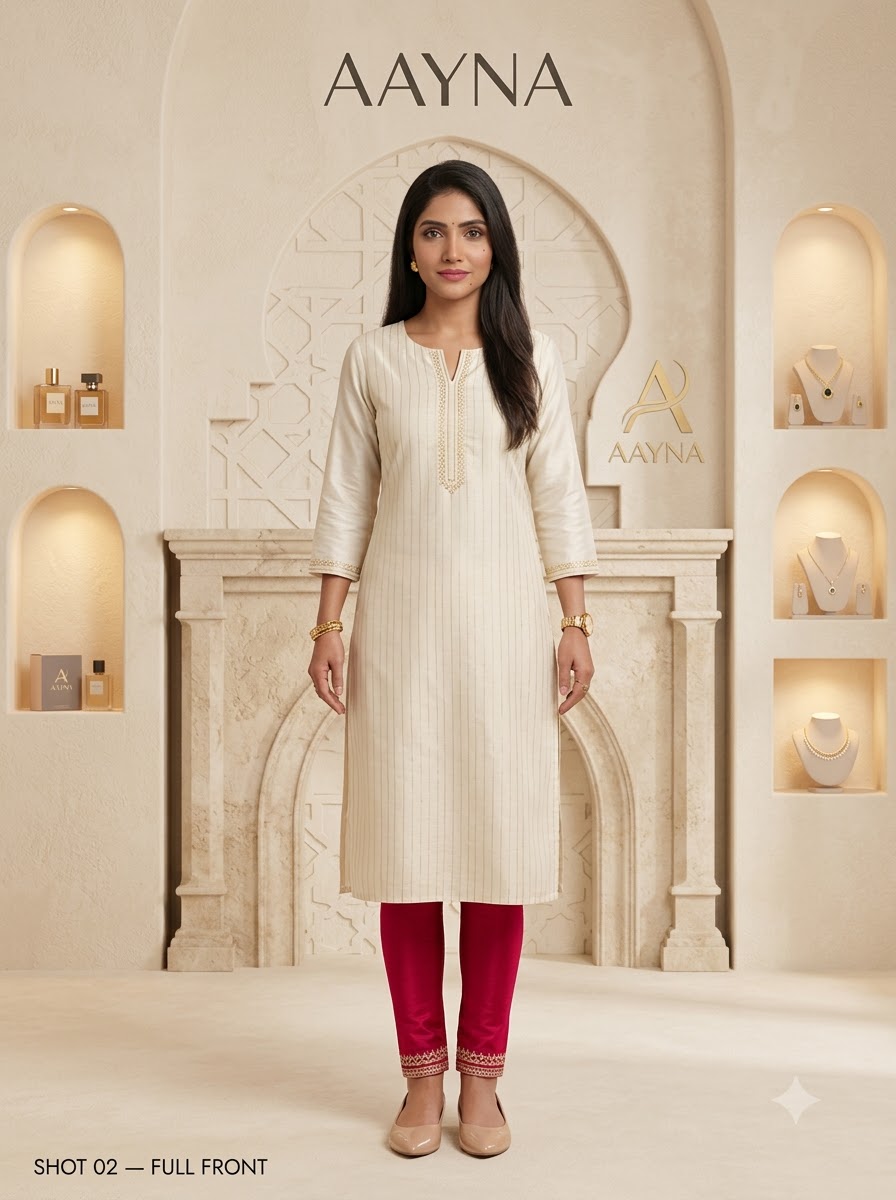 Ivory Silk Straight Kurti with Crimson Embroidered Pants Set