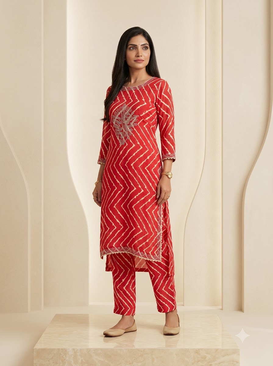 Crimson Red Chevron Leheriya Straight Kurti & Pant Set