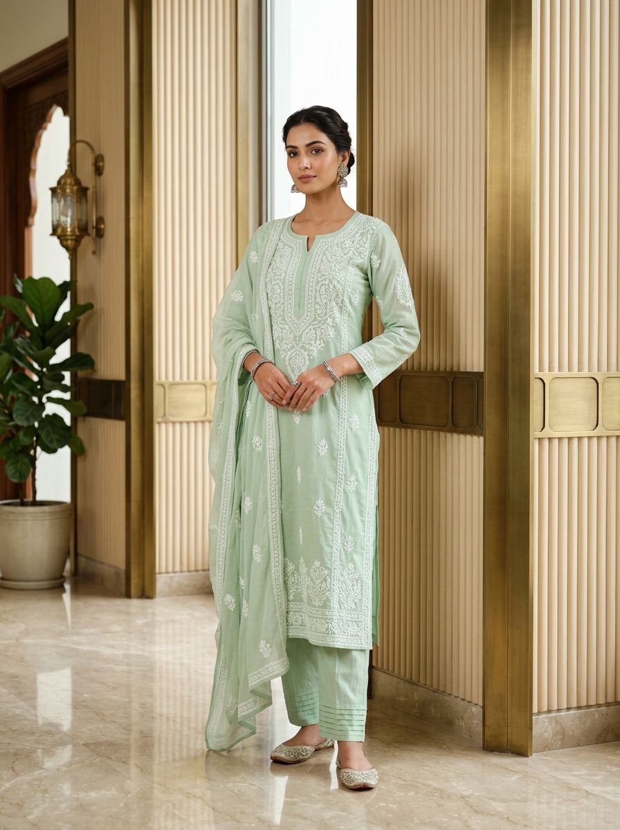 Pistachio Mint Cotton Chikankari Straight Kurti