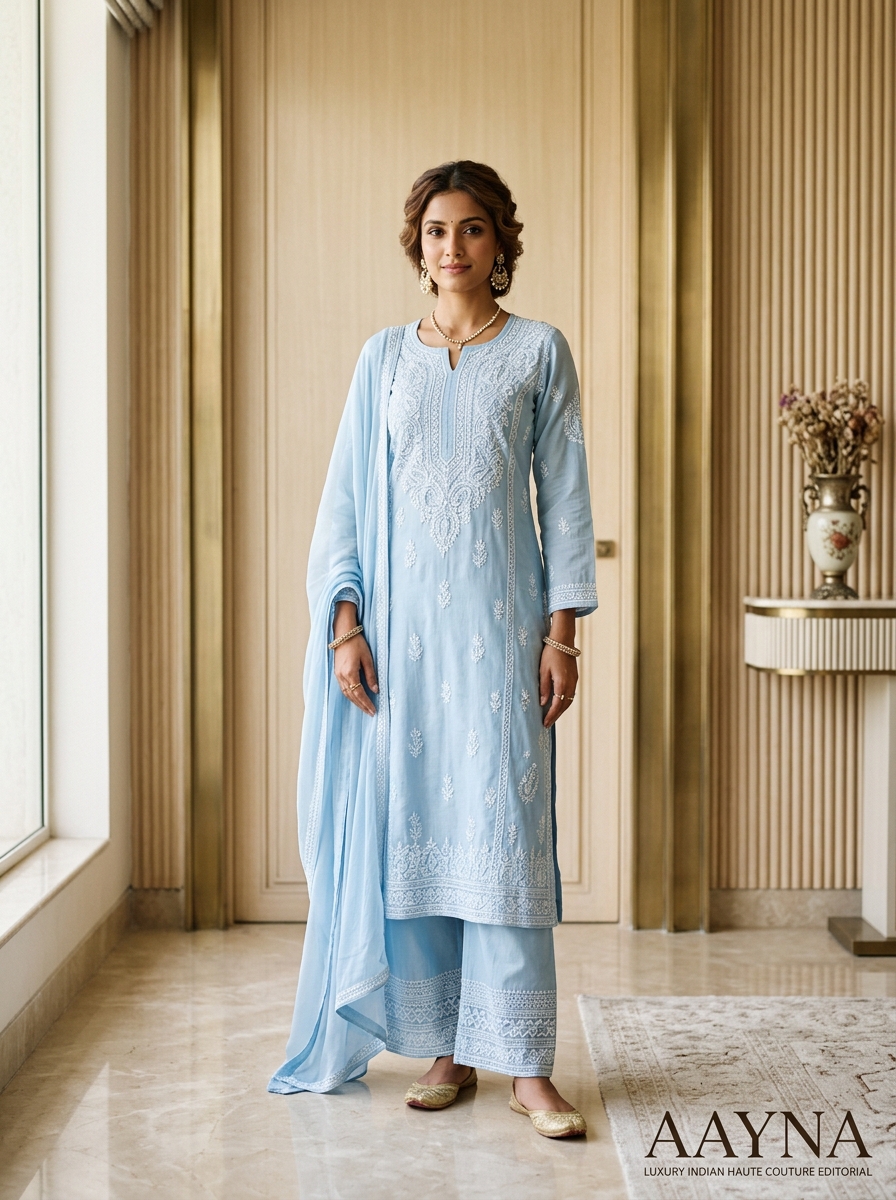 Powder Blue Cotton Chikankari Straight Kurti