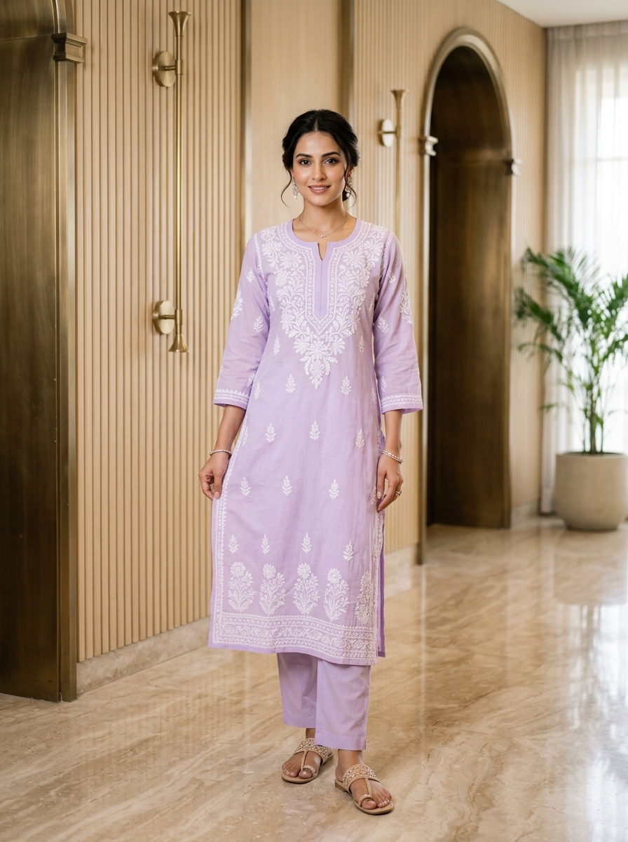 Lilac Lavender Cotton Chikankari Straight Kurti