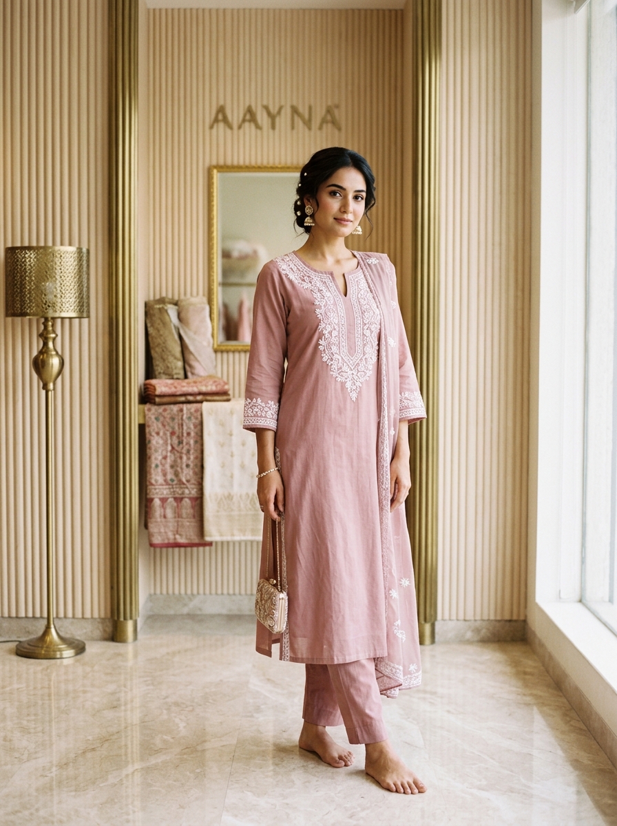 Dusty Rose Cotton Chikankari Straight Kurti