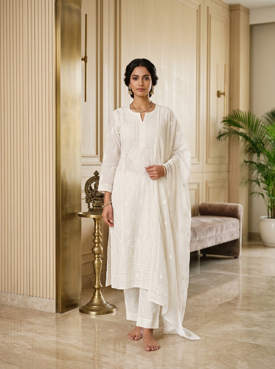 Pistine Ivory Cotton Chikankari Tunic