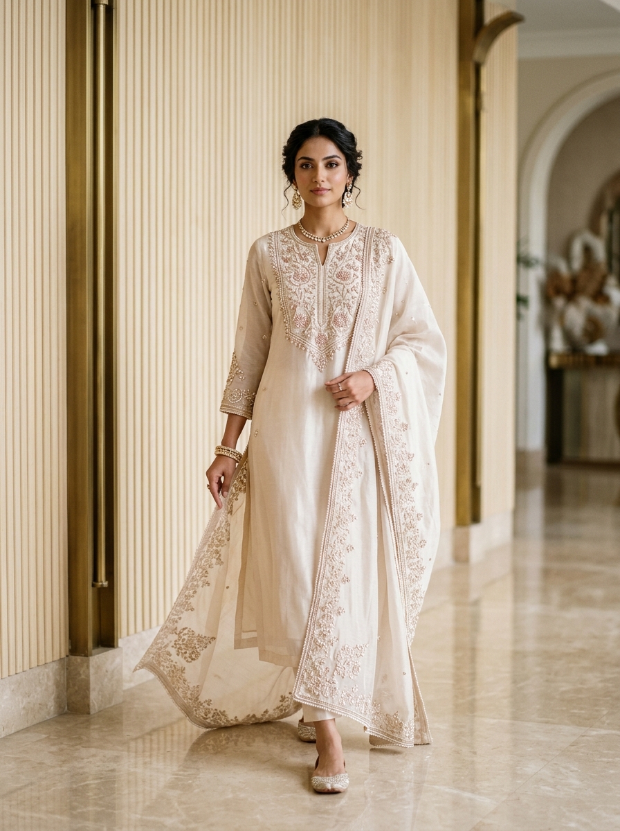 Rose Pearl Kardana Mul Chanderi Kurti & Dupatta Set