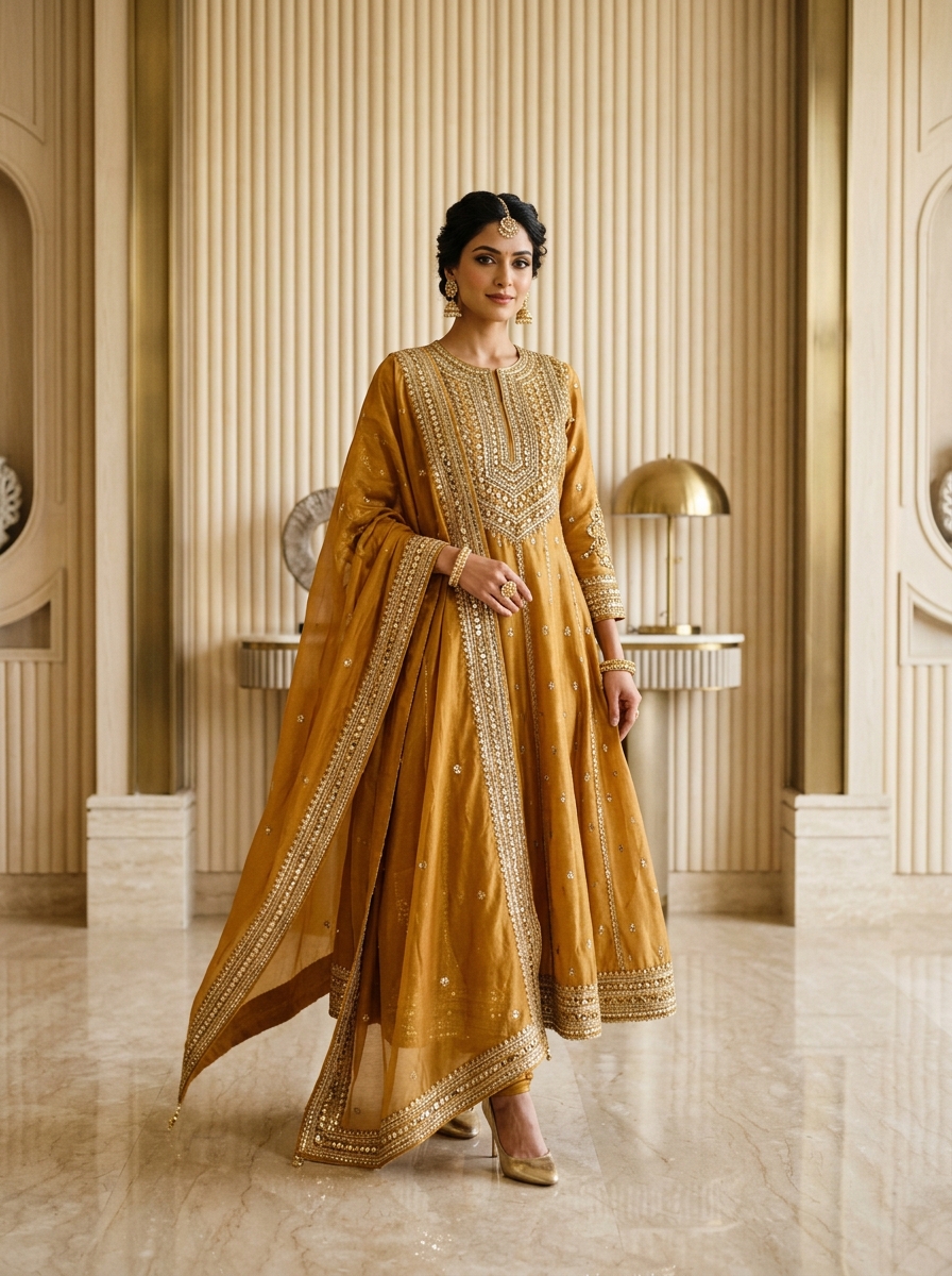 Golden Ochre Kardana Mul Chanderi Kurti & Dupatta Set