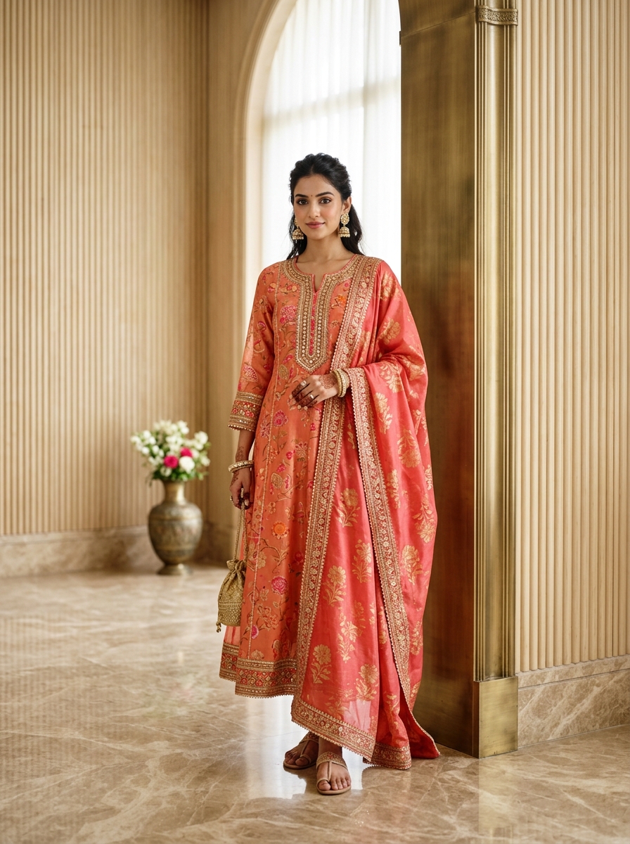 Coral Blossom Mul Chanderi Kurti & Dupatta Set