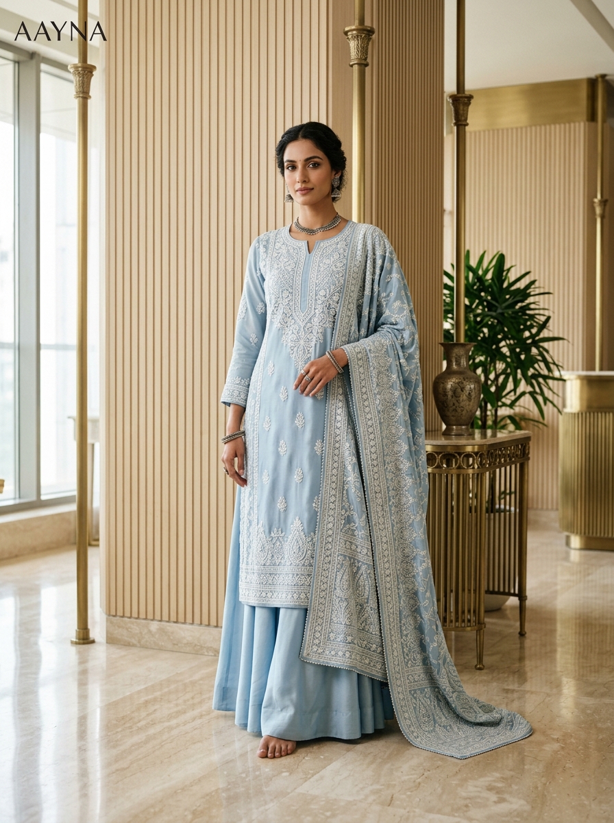 Powder Blue Modal Silk Chikankari Kurti