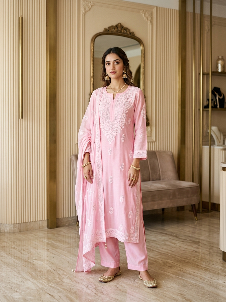 Cotton Candy Pink Modal Silk Chikankari Kurti