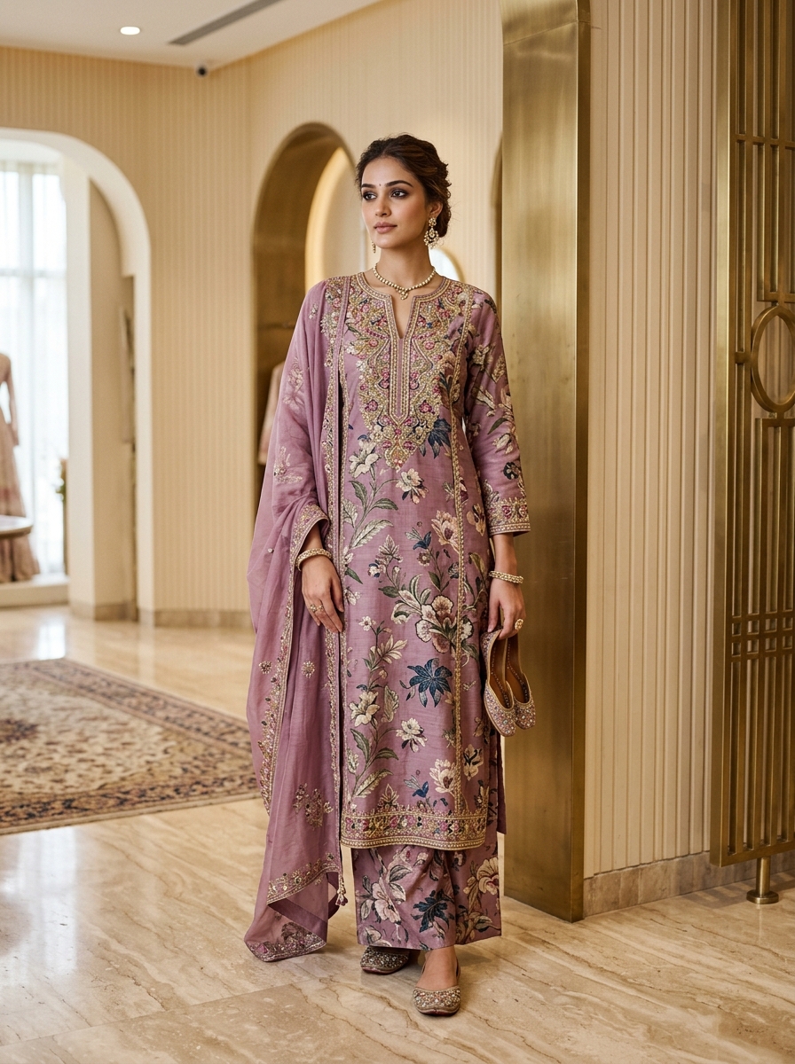 Mauve Rose Garden Floral Embroidered Kurti