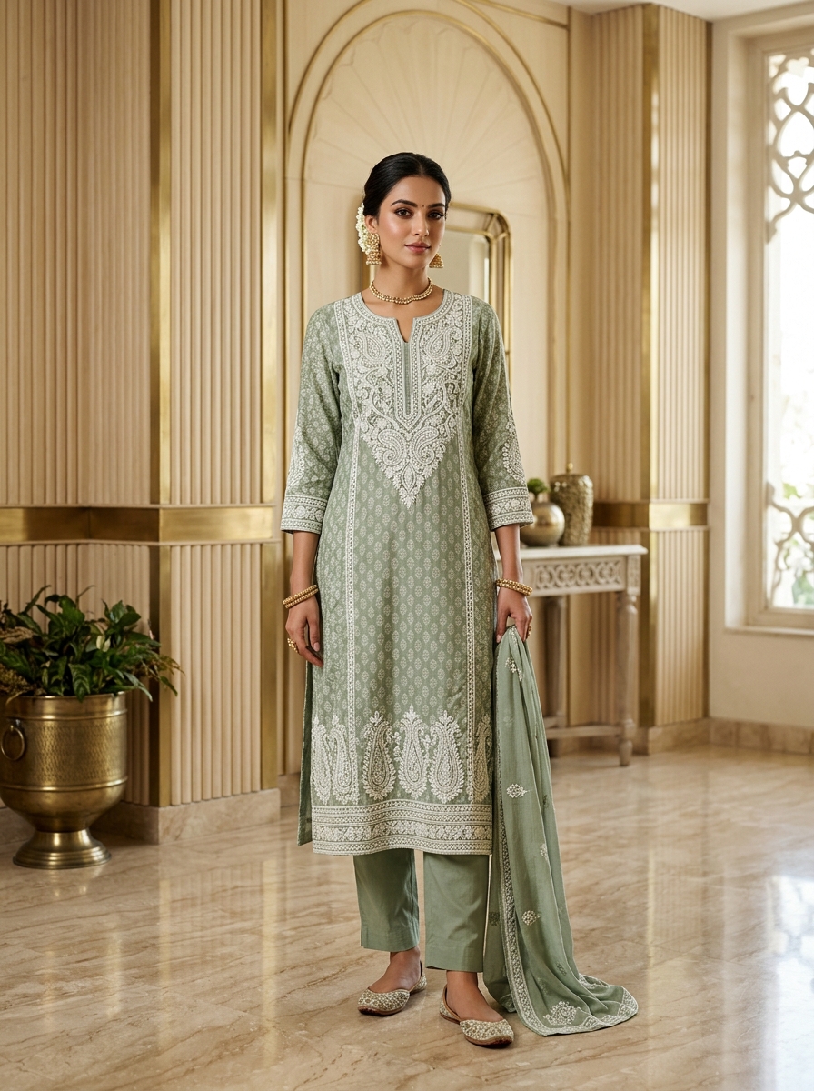 Sage Botanical Muslin Chikankari Yoke Kurti