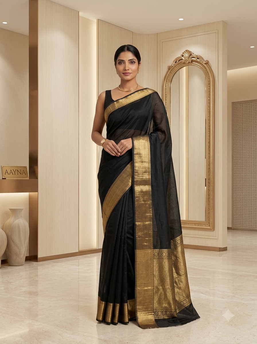 Noir Jet Black Solid Tissue Silk Zari Saree
