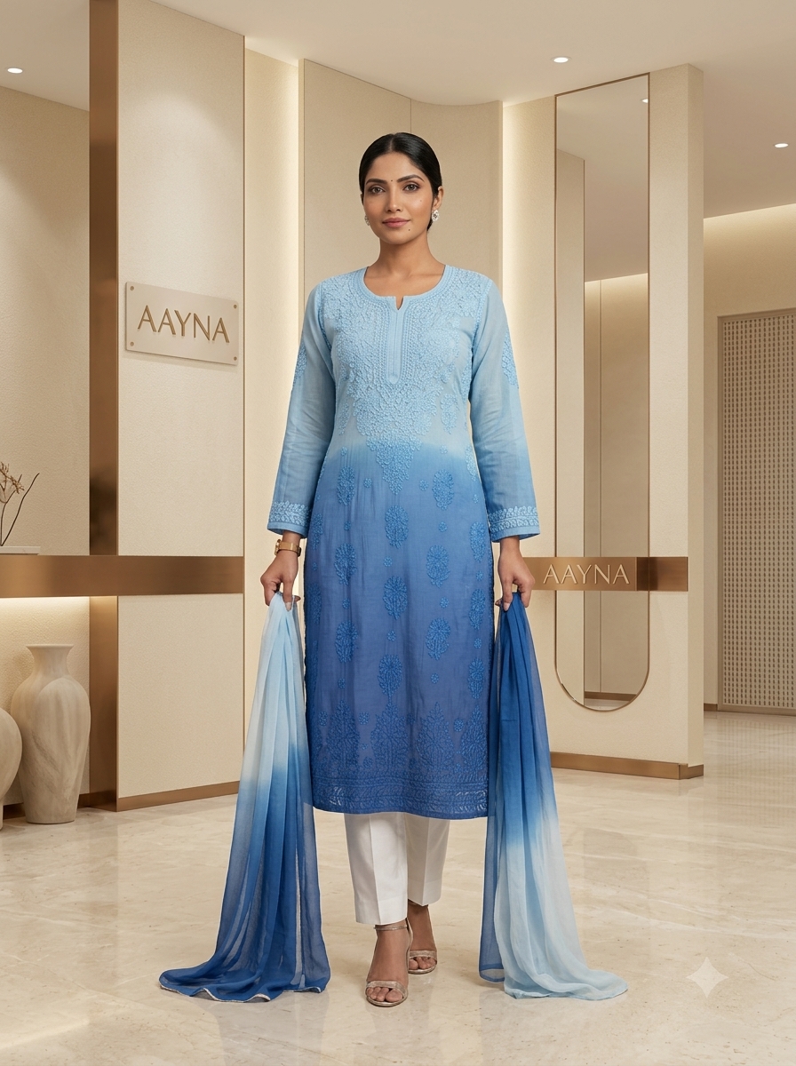 Azure Sky-to-Indigo Ombre Chikankari Kurti