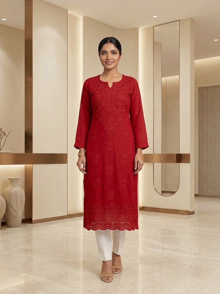 Monochrome Crimson Ruby Chikankari Kurti