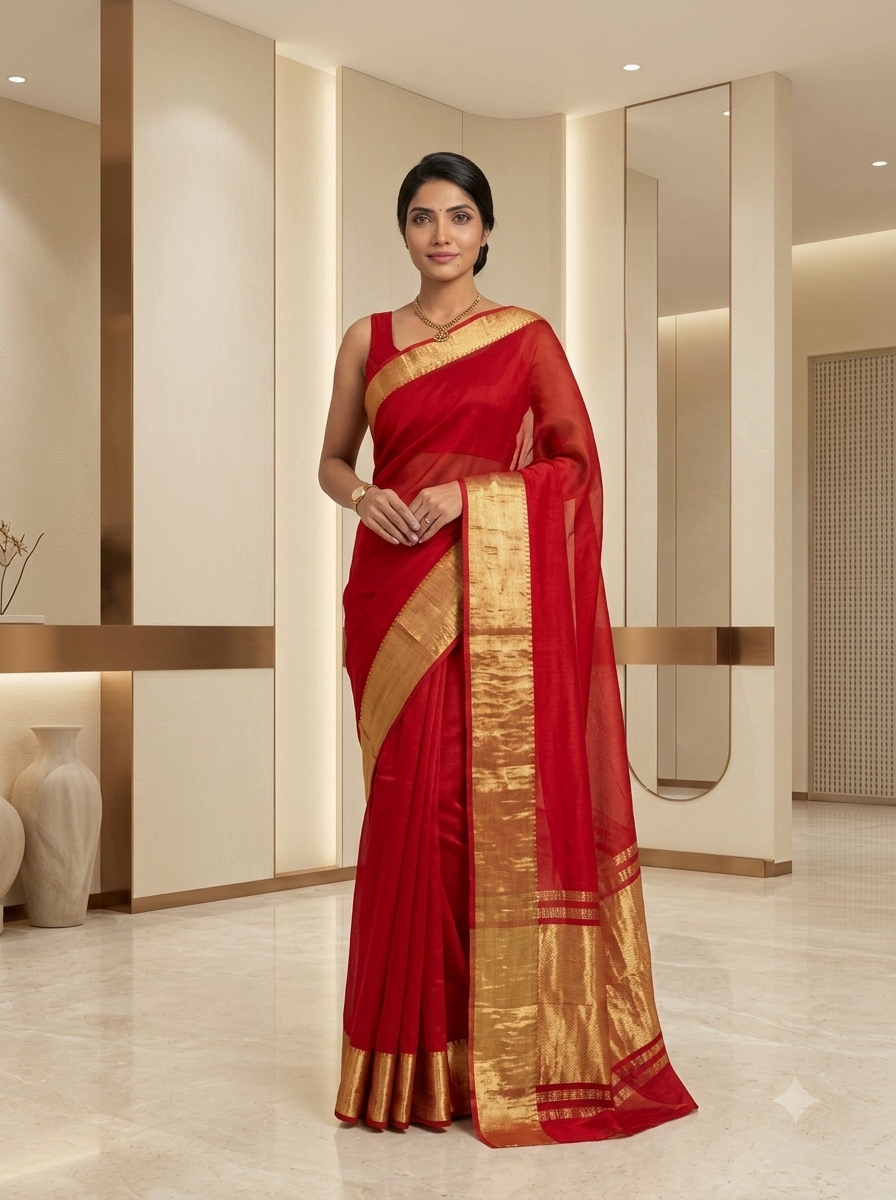 Sindoor Crimson Solid Tissue Silk Zari Saree