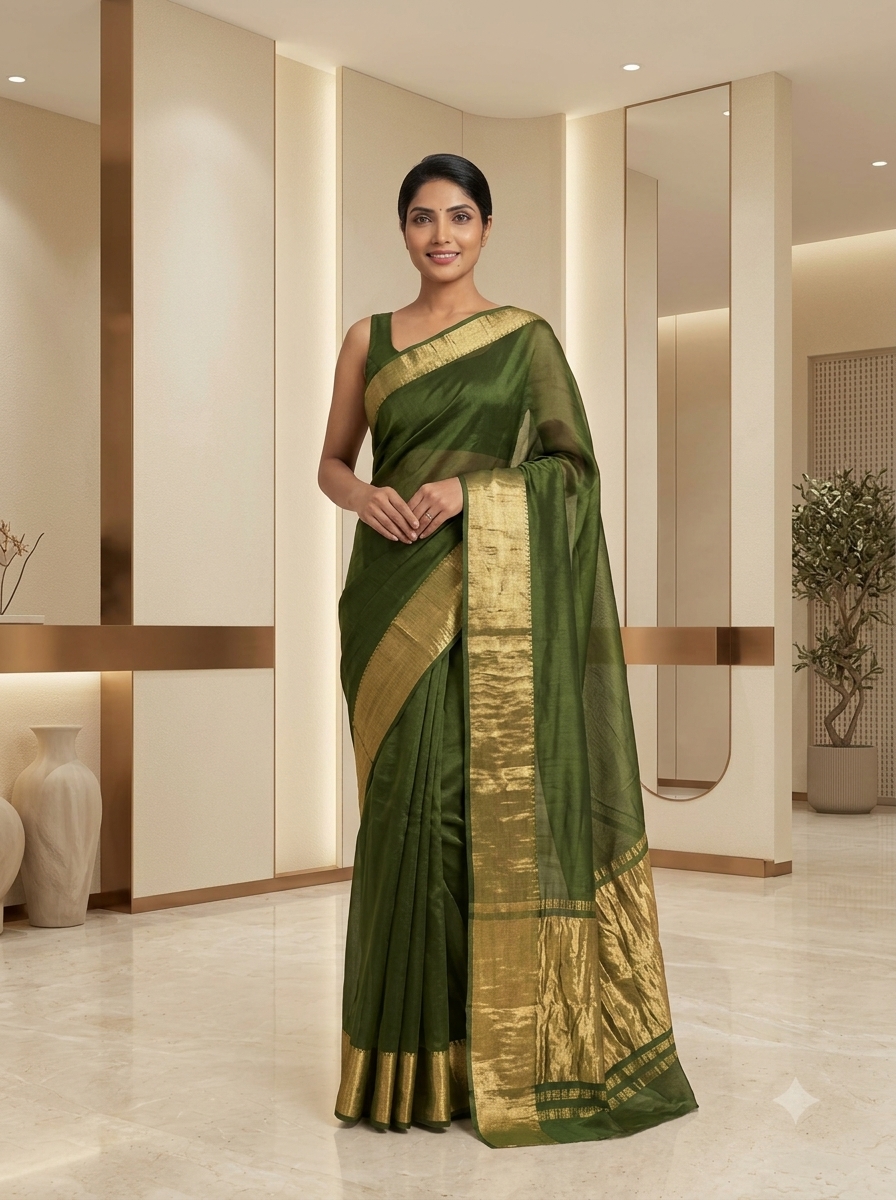 Forest Olive Solid Tissue Silk Zari Saree