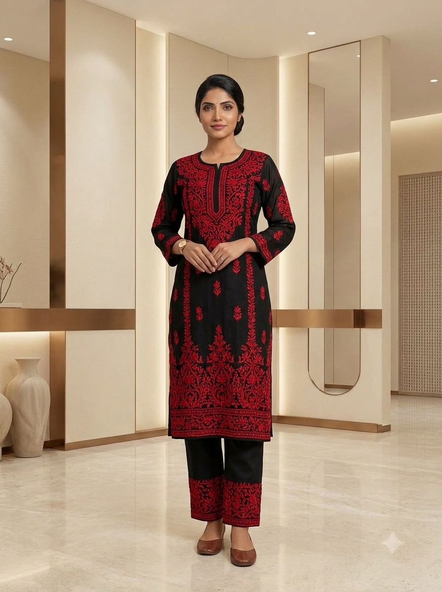 Sayyara Crimson Embroidered Noir Kurti & Pant Set